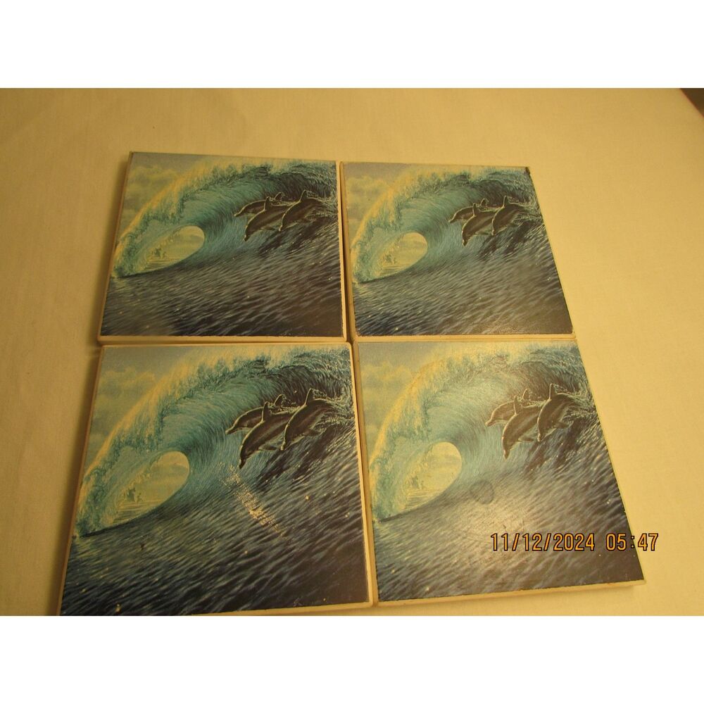 Ceramic California dolphin coasters set of 4 wave vintage sealife ocean